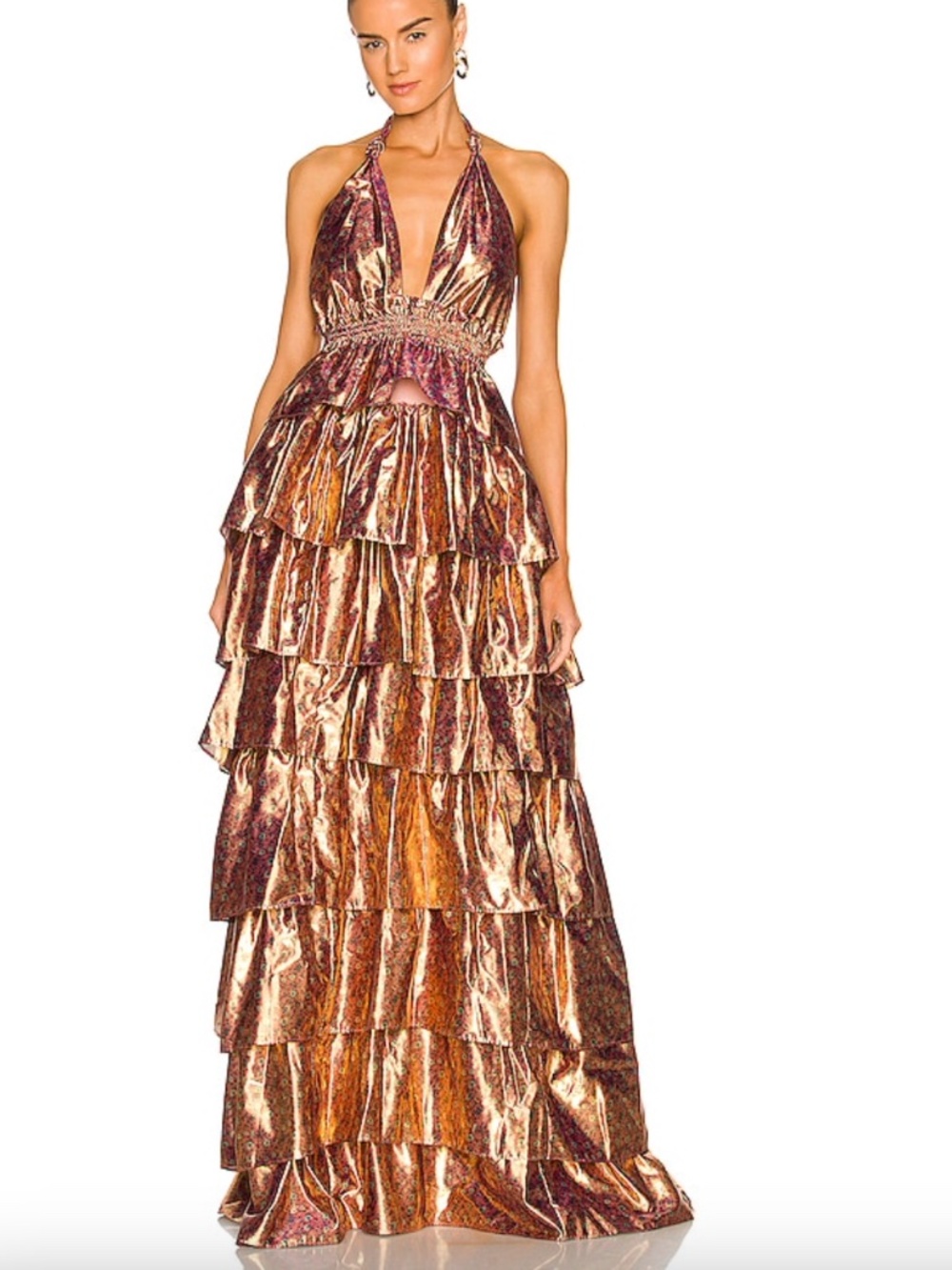 LoveShackFancy BEXLIE Tiered Halter Maxi Dress Pink Orchid Gold Ruffle - MEDIUM